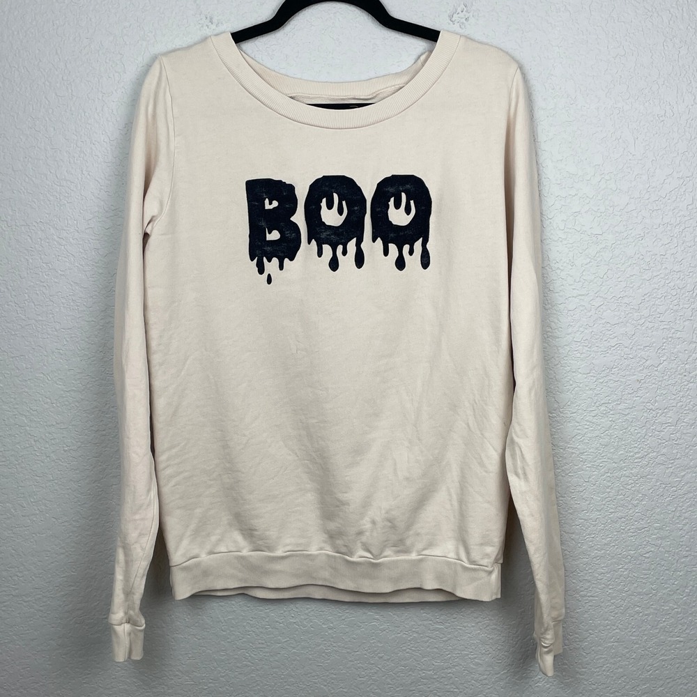 ModCloth Sweater Womens Medium Cream Black‎ Velvet Drip BOO Long Sleeve Pullover
